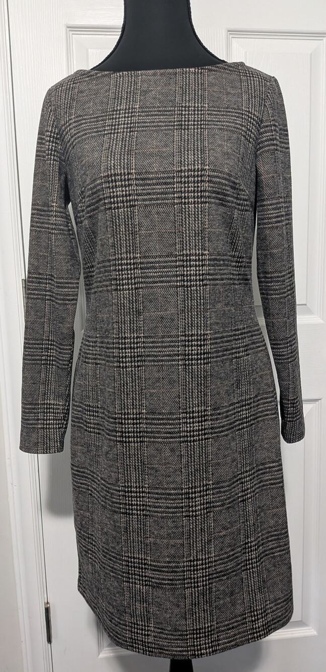 Ann Taylor Glen Plaid Dress 4P Petite Gray Black Workwear Long Sleeve Sheath